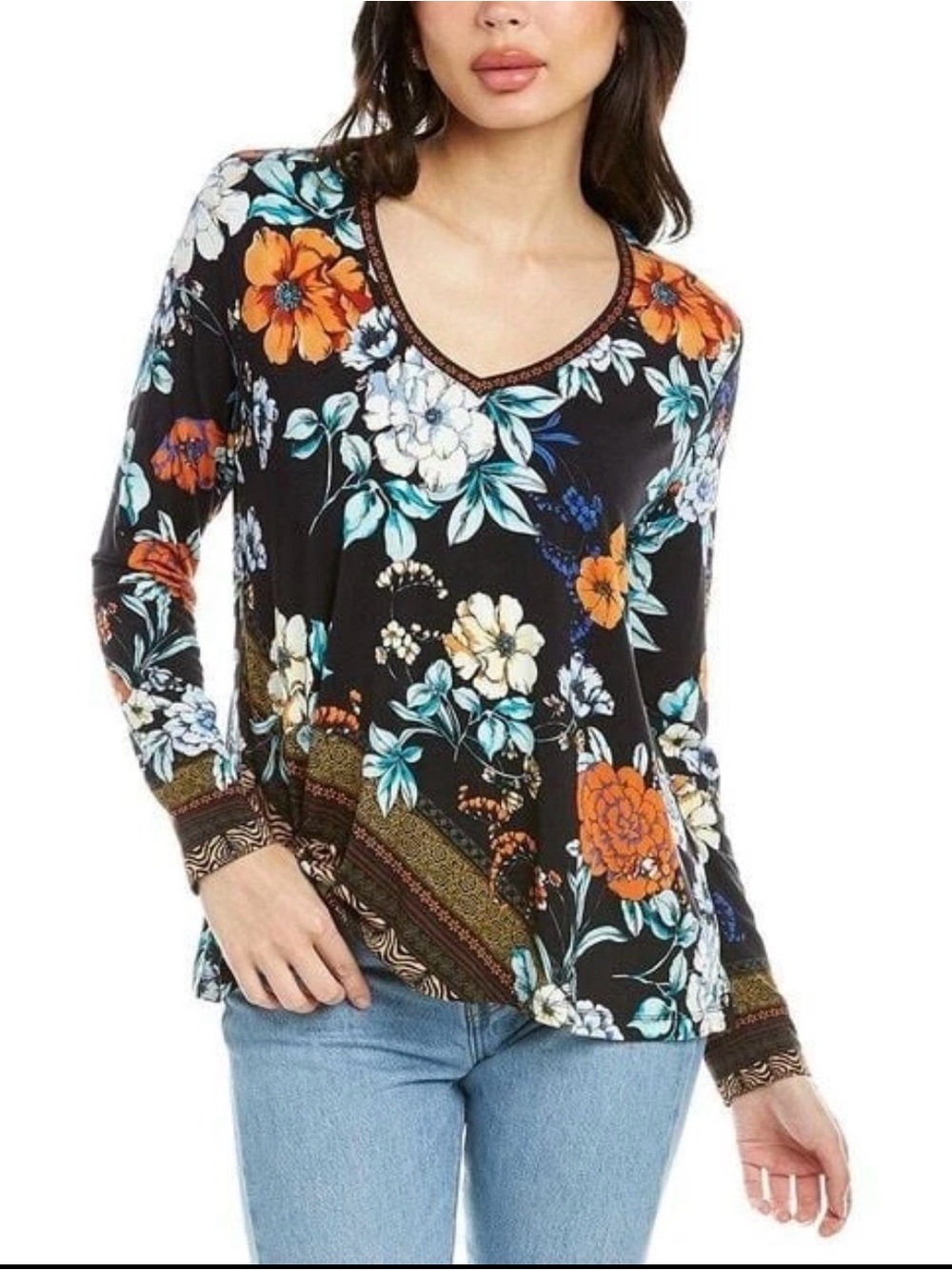 JOHNNY WAS Golden Spring Favorite Long Slv V-neck Swing Tee Bamboo Top XSmall
